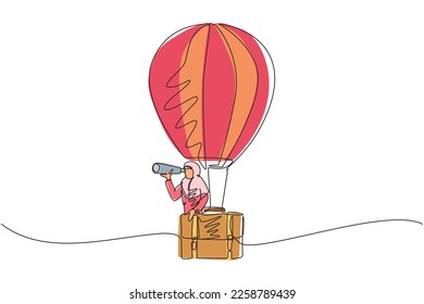 Continuous one line drawing Arabian businesswoman looking through telescope in hot air balloon briefcase. Female in suitcase balloon search to success. Business travel. Single line draw design vector