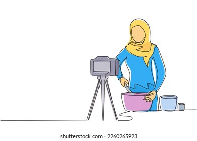 Continuous one line drawing Arabian woman preparing dessert at kitchen, stirring dough with spatula. Cooking live streaming. Blogger prepares meal online. Single line draw design vector illustration