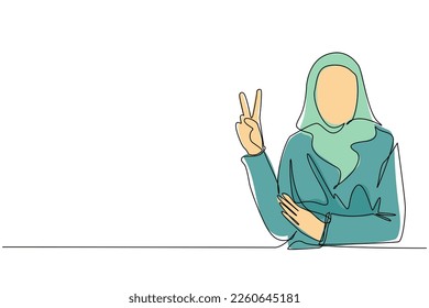 Continuous one line drawing Arabian woman is showing victory sign. Young businesswoman gesture success. Female doing victory sign. Sign of success, peace. Single line draw design vector illustration