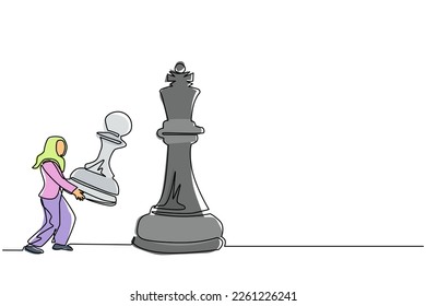 Continuous one line drawing Arabian businesswoman holding pawn chess to beat king chess. Strategic planning, business development strategy, tactics in entrepreneurship. Single line draw design vector