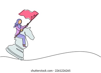 Una línea contínua dibujando a una empresaria árabe montando un gran caballero de ajedrez y sosteniendo bandera, estrategia, movimiento competitivo y estratégico en el concepto de negocios. Ilustración vectorial de diseño de líneas simples