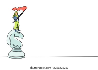 Continuous one line drawing Arabian businesswoman standing on top of big horse knight chess and waving a flag. Business achievement goal, metaphor concept. Single line draw design vector illustration