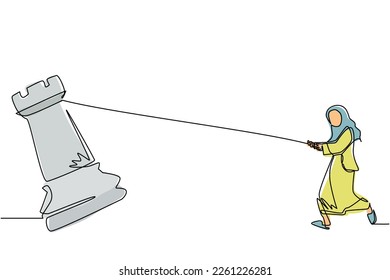 Continuous one line drawing Arabian businesswoman pulling big rook chess with rope. Business achievement goal, strategy, competitive, strategic concept. Single line draw design vector illustration