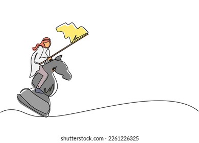 Continuous one line drawing Arabian businessman riding big chess horse knight and holding flag, strategy, competitive, strategic move in business concept. Single line draw design vector illustration