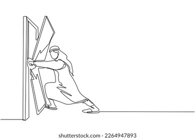 Continuous one line drawing Arabian businessman punching and destroying door. Eliminating barrier of entries, overcome challenges, destroying obstacles with power force. Single line draw design vector