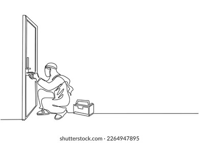 Continuous one line drawing Arabian businessman prying doorknob with screwdriver. Man repair broken handle door knob with handyman tool in tool box. Business concept. Single line draw design vector