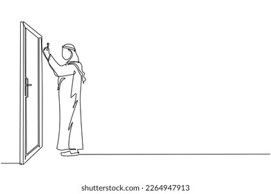 Continuous one line drawing Arabian businessman lifts key in front of door. Man holding key to open office room door. Starting morning with spirit to work. Single line draw design vector illustration