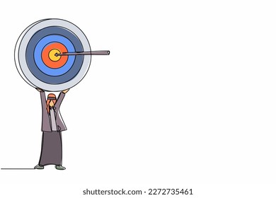 Continuous one line drawing Arabian businessman holding up big target with an arrow. Smart male manager with aim as symbol of having success idea. Single line draw design vector graphic illustration