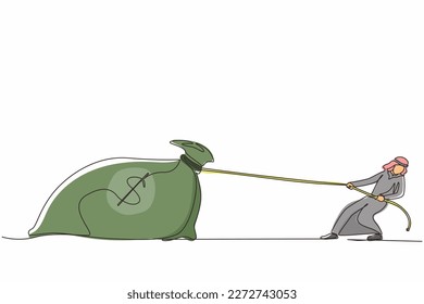 Continuo dibujo de una línea del hombre de negocios árabe está luchando por sacar grandes bolsas de dinero porque es demasiado pesado. Competencia corporativa o desafío comercial. Ilustración vectorial de diseño de líneas simples