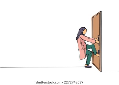 Continuous one line drawing Arabian businesswoman pulling closed door knob with power. Business struggle. Strength for success. Opening closed door. Single line draw design vector graphic illustration