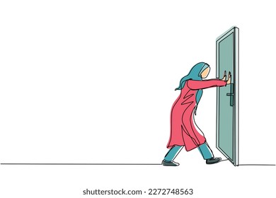 Continuous one line drawing Arabian businesswoman pushes closed door on white wooden door. Business struggles. Strength for success. Opening closed doors. Single line draw design vector illustration