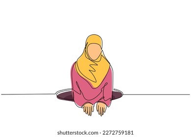 Continuous one line drawing Arabian businesswoman trying to get out of from hole, metaphor to facing big problem. Business struggles. Strength for success. Single line draw design vector illustration