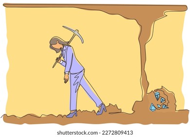 Continuous one line drawing Arabian businessman give up before reach money and diamonds. Worker gives up digging not knowing precious diamond is almost revealed. Single line design vector illustration