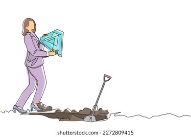 Continuous one line drawing Arabian businessman walking and holding big diamond. Happy man with precious stone. Successful business finance concept. Single line draw design vector graphic illustration