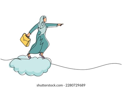 Una línea contínua dibujando a una mujer de negocios árabe sosteniendo en la nube el viaje en maletín, apuntando hacia adelante, hacia el futuro, concepto de negocios. Mujer en camino al éxito en la nube. Gráfico vectorial de diseño de trazos de línea única
