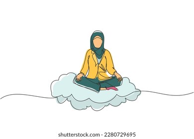 Continuous one line drawing Arabian businesswoman relaxes, meditates in lotus position on clouds. Cute woman relaxing with yoga or meditation pose. Single line draw design vector graphic illustration