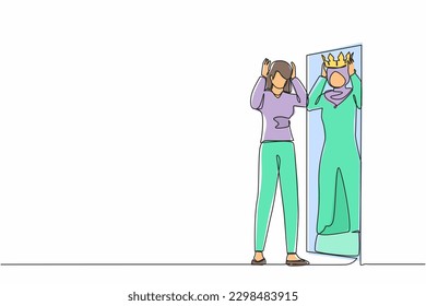 Continuous one line drawing Arabian businesswoman looking at mirror   seeing in reflection herself and crown her head  Person overestimate  self confidence  Single line draw design vector