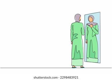 Continuous one line drawing Arabian businesswoman adjusting hijab in front mirror  Woman checking her appearance in mirror  Female manager looking herself in mirror  Single line draw design vector