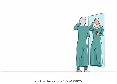 Continuous one line drawing Arabian businesswoman wearing formal hijab making selfie in stand in front of mirror. Woman taking selfie. Addiction on smartphone, internet. Single line draw design vector
