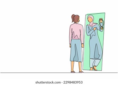 Continuous one line drawing Arabian businesswoman looking at mirror and seeing in reflection of herself with holding gold medal, person overestimate herself, self confidence. Single line design vector