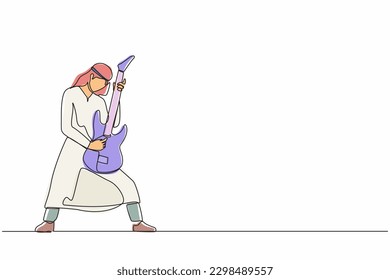 Continuous one line drawing Arabian male musician playing electric guitar. Man practicing in playing guitar. Guitarist perform playing music instrument on stage. Single line draw design vector graphic