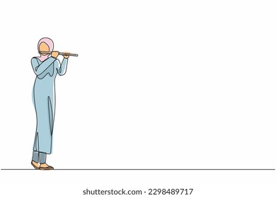 Continuous one line drawing Arabian female musician playing flute. Flutist performing classical music on wind instrument. Solo performance of talented flautist. Single line design vector illustration
