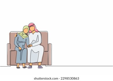 Continuous one line drawing Arabian man comforting sad woman. Male supporting female who is feeling emotional sad depressed. Husband embrace comforts his woman. Single line design vector illustration