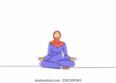 Continuous one line drawing Arabian businesswoman doing yoga. Office worker sitting in yoga pose, meditation, relaxing, calm down and manage stress. Single line draw design vector graphic illustration