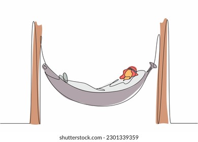 Continuous one line drawing Arabian businessman is lying in hammock and dreaming about big money. Comfort and recreation. Achieve financial freedom. Single line draw design vector graphic illustration