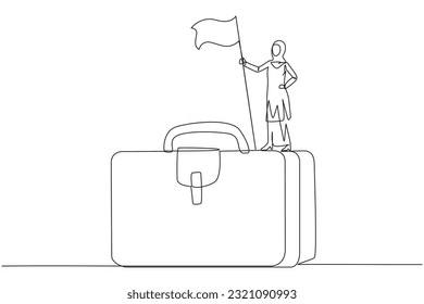 Continuous one line drawing of Arabian businesswoman standing on giant briefcase holding flag. Going on a business trip to find newer ideas in startup business. Single line draw design vector