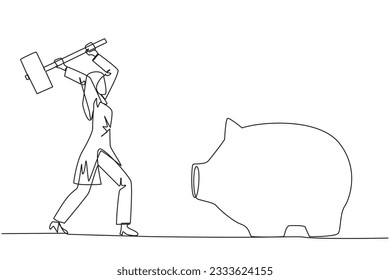 Kontinuierlich eine Linie ziehende arabische Geschäftsfrau trifft große Sparschwein mit großem Hammer. Verantwortlich für die Zahlung aller Rechnungen durch Einsparungen. Kampf um die Wirtschaft. Einzeilige Zeichentechnik