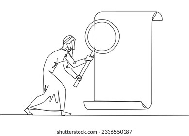 Continuous one line drawing Arabian businessman stood holding a magnifier highlighted a rolled paper. Evaluates product compliance in accordance with company's business standards. Single line vector