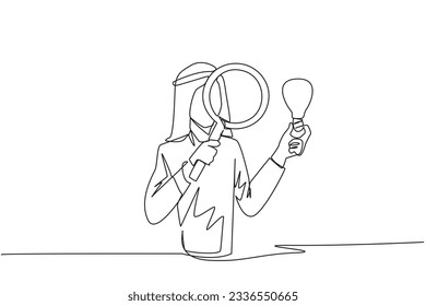 Continuous one line drawing Arabian businessman inspects lightbulb he holds with a magnifier. Analyze existing ideas and select them for new business needs. Single line draw design vector illustration