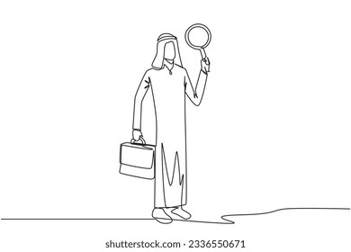 Continuous one line drawing Arabian businessman holds the magnifier in his left hand while in right hand holds a briefcase. Businessman who offer cooperation proposals. Single line draw design vector
