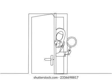 Continua línea que dibuja a una empresaria árabe salió por detrás de la puerta sosteniendo una lupa. Invitar a socios comerciales a unirse para que el negocio sea más fuerte. Vector de diseño de tracción de línea única