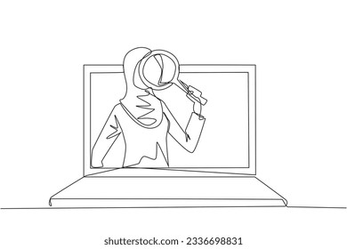 Continuous one line drawing Arabian businesswoman came out of laptop screen holding the magnifier. Finding online networking to sustain her business. Relationship. Single line draw vector illustration