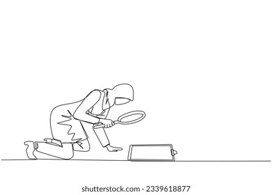 Continuous one line drawing of Arabian businesswoman holding magnifying glass look at clipboard. Businesswoman make sure by checking back work that may have been missed. Single line draw design vector