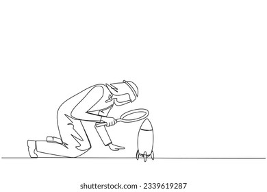 Continuous one line drawing of Arabian businessman holding magnifying glass look at rockets. Analyze details for launching a new business. The beginning of a new era. Single line draw design vector