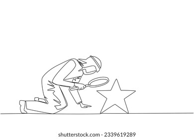 Continuous one line drawing Arabian businessman holds magnifying glass look at stars. The high star is the ultimate goal of business level. Reach dreams. Single line draw design vector illustration