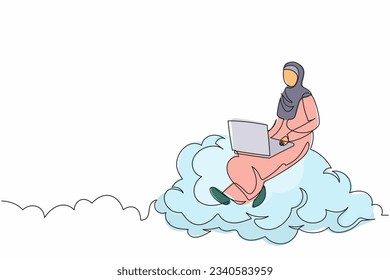 Continuous one line drawing Arabian businesswoman sitting on cloud with laptop computer. Wireless connection. Social networking using cloud storage. Single line draw design vector graphic illustration