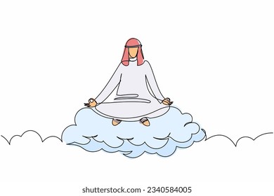 Kontinuierlich eine Linie zeichnen arabischen Geschäftsmann meditiert und ruhen in Lotus Position auf Wolken. Entspannt arabischer Mann mit Yoga oder Meditationspool. Vektorgrafik-Illustration mit Einzelzeilenzeichnung