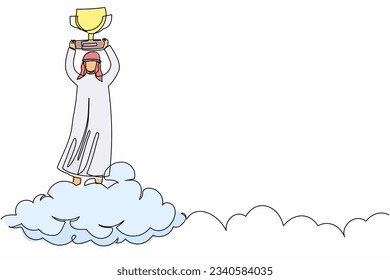 Continuous one line drawing Arabian businessman holding trophy in cloud. Office worker celebrates victory in sky. Business success goal achievement. Single line draw design vector graphic illustration