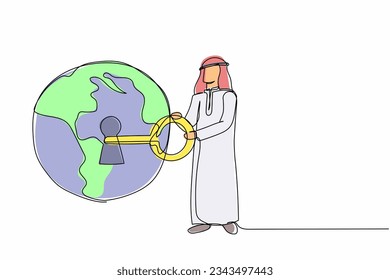 Continuous one line drawing Arabian businessman putting big key into globe. Global warming alert for people around the world. Security and data safety. Single line graphic design vector illustration