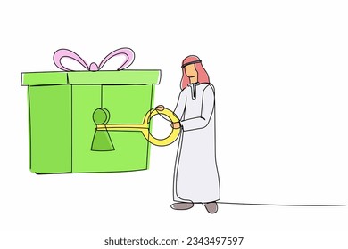 Continuo dibujo de una línea del hombre de negocios árabe poniendo la llave en una caja de regalo con cinta. Desenganche el regalo para el éxito del negocio. Concepto de celebración. Ilustración vectorial de diseño de líneas simples