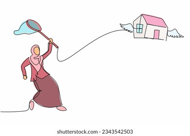 Continuous one line drawing Arabian businesswoman try to catch flying house with butterfly net. Losing house due to failed to pay mortgage to bank. Single line draw design vector graphic illustration