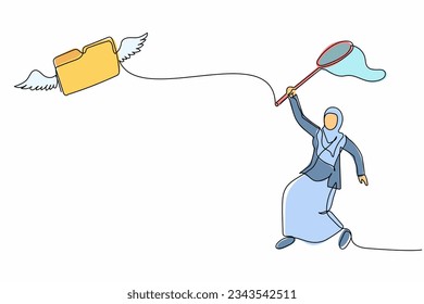 Continuous one line drawing Arabian businesswoman try to catching flying folder with butterfly net. Missing archive file of secret or important document. Single line design vector graphic illustration