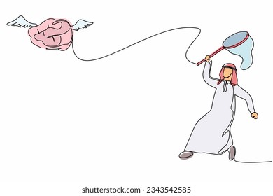 Continuous one line drawing Arabian businessman try to catching flying brain with butterfly net. Losing healthy mind for genius idea. Business metaphor. Single line design vector graphic illustration
