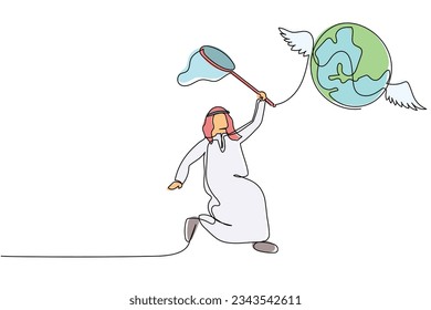 Continuous one line drawing Arabian businessman try to catching flying globe with butterfly net. Failed to travelling around world due to pandemic. Single line draw design vector graphic illustration