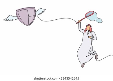 Continuous one line drawing Arabian businessman try to catching flying shield with butterfly net. Losing healthcare insurance budget. Business metaphor. Single line design vector graphic illustration