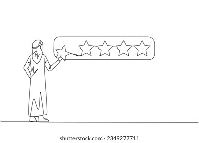 Continuous one line drawing Arabian man standing holding 1 star and want to make it 5 star array. Satisfied customers and give perfect rating. Star rating. Single line draw design vector illustration